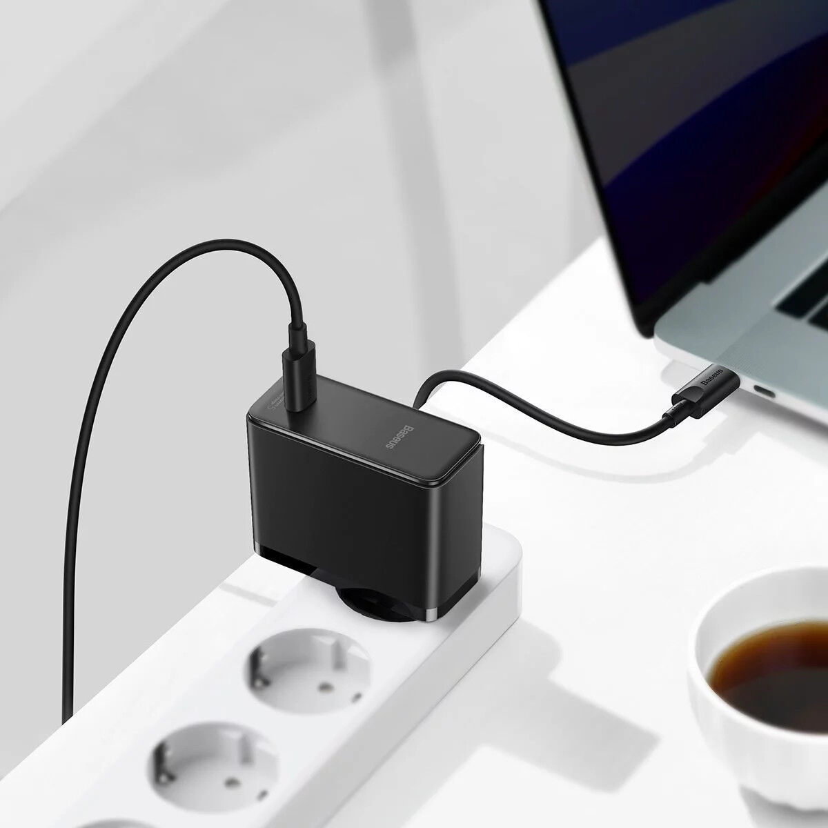 Baseus GaN2 100W Snellader met Fast Charge + 100W USB-C Kabel Zwart afbeelding 4