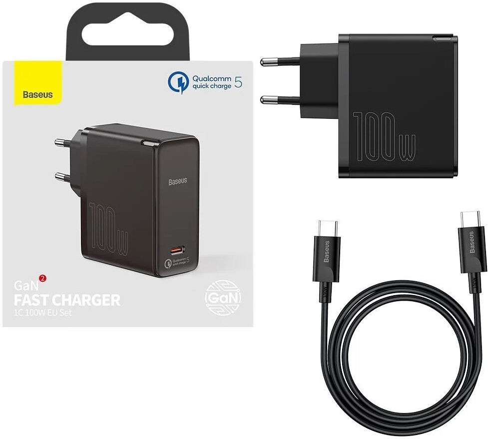 Baseus GaN2 100W Snellader met Fast Charge + 100W USB-C Kabel Zwart afbeelding 6