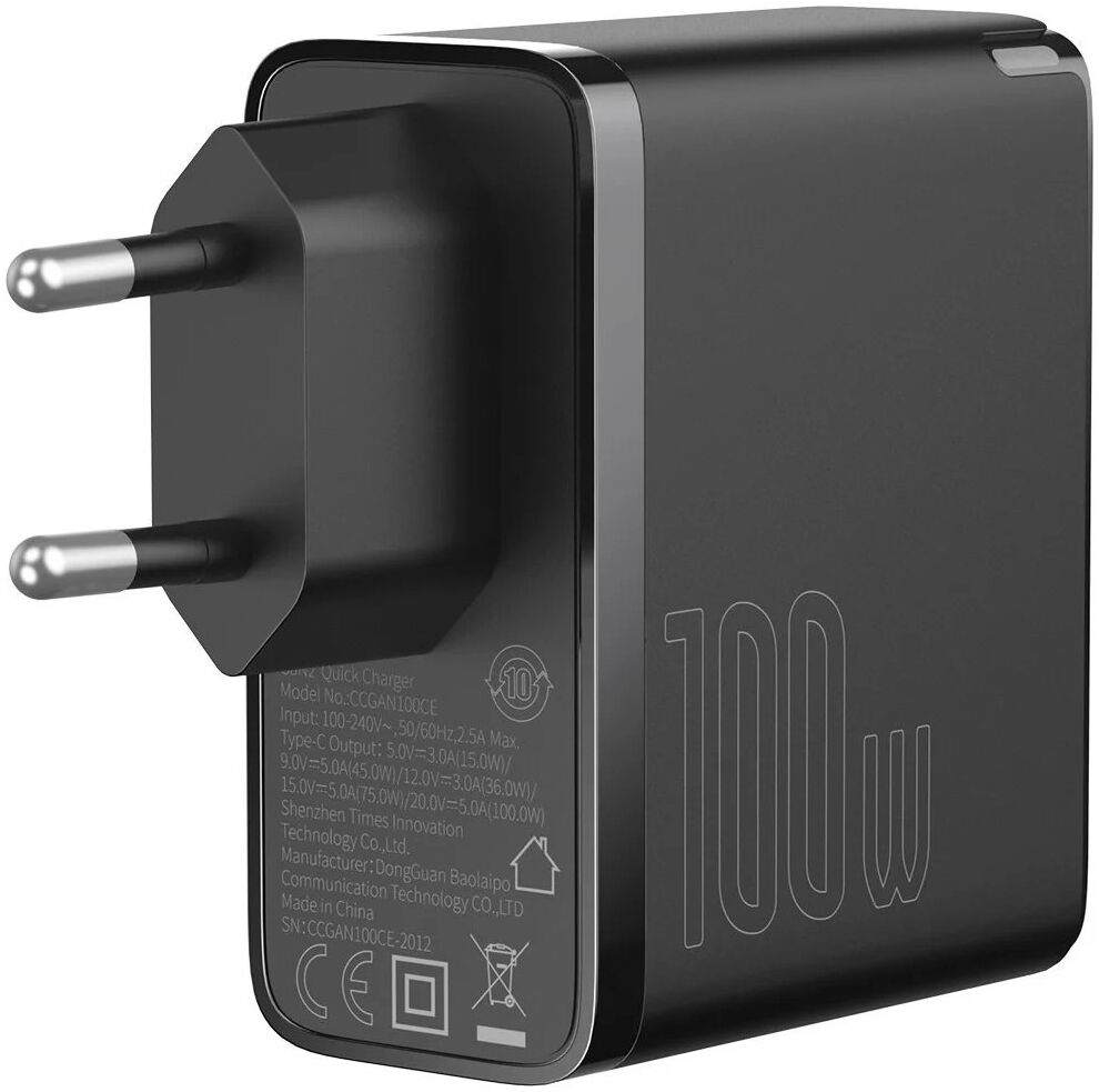 Baseus GaN2 100W Snellader met Fast Charge + 100W USB-C Kabel Zwart afbeelding 7