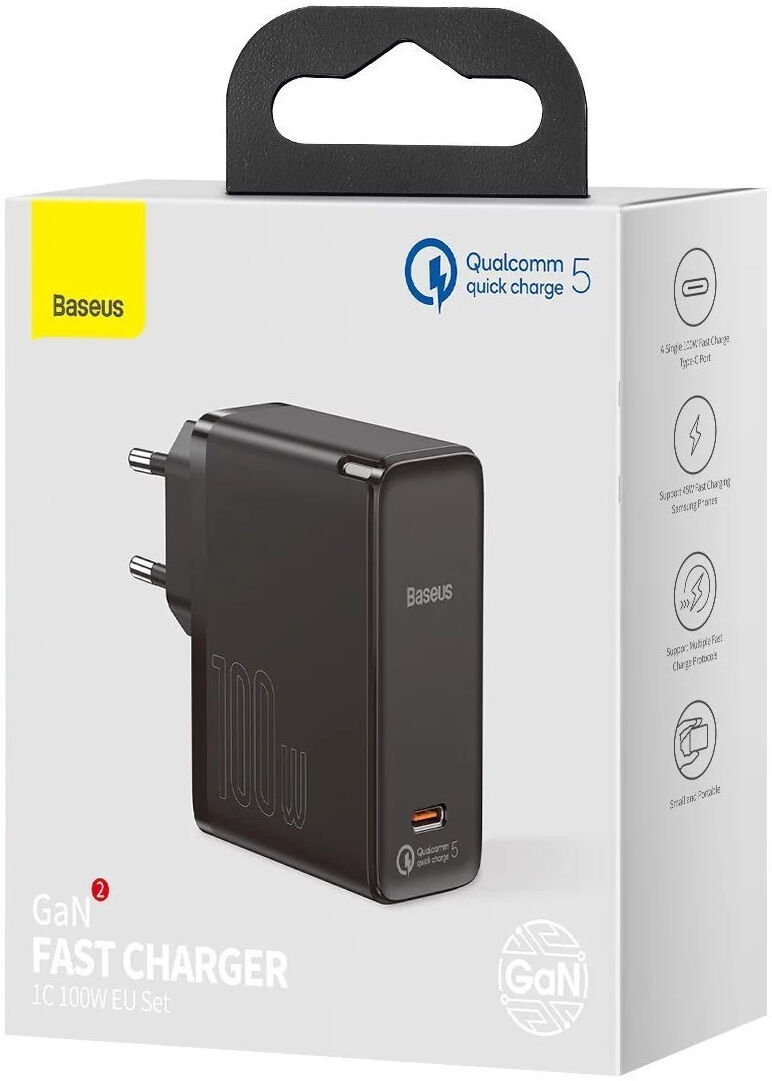 Baseus GaN2 100W Snellader met Fast Charge + 100W USB-C Kabel Zwart afbeelding 9