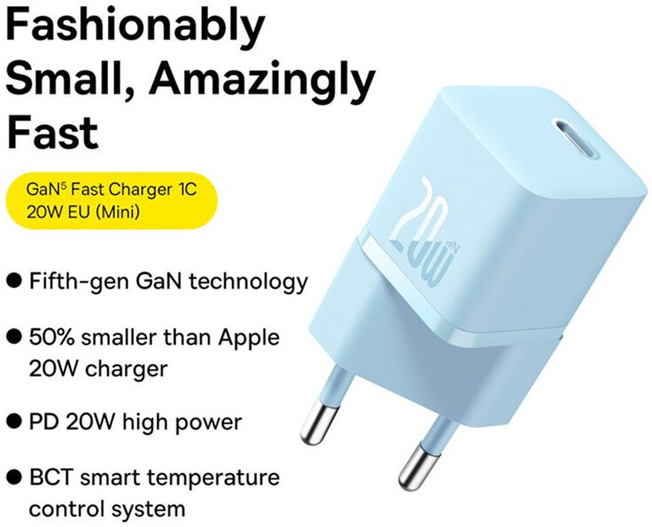 Baseus GaN5 20W Compacte Fast Charger USB-C Blauw afbeelding 2