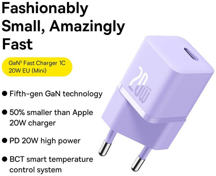 Baseus GaN5 20W Compacte Fast Charger USB-C Paars afbeelding 2