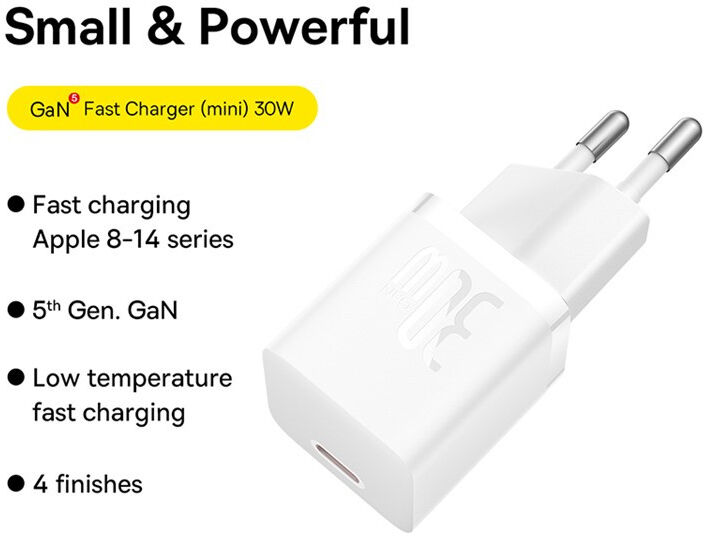 Baseus GaN5 30W Compacte Fast Charger USB-C Wit afbeelding 2
