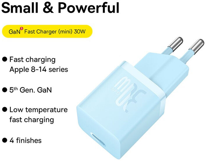 Baseus GaN5 30W Compacte Fast Charger USB-C Blauw afbeelding 2