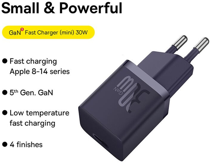 Baseus GaN5 30W Compacte Fast Charger USB-C Paars afbeelding 2