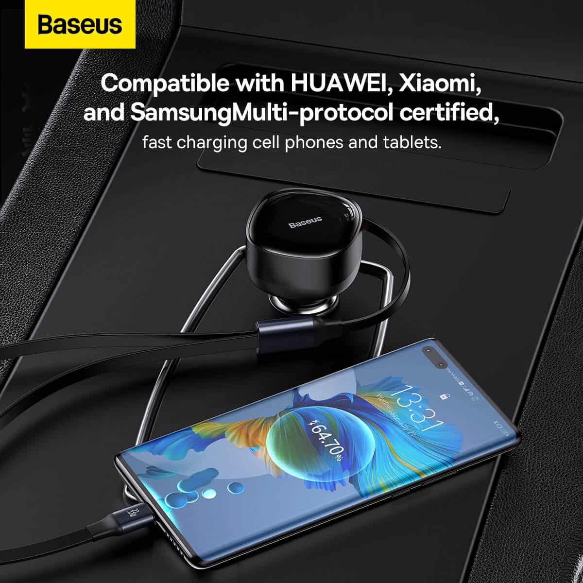 Baseus 33W Fast Charge Autolader met Uitrekbare USB-C Kabel Zwart afbeelding 5