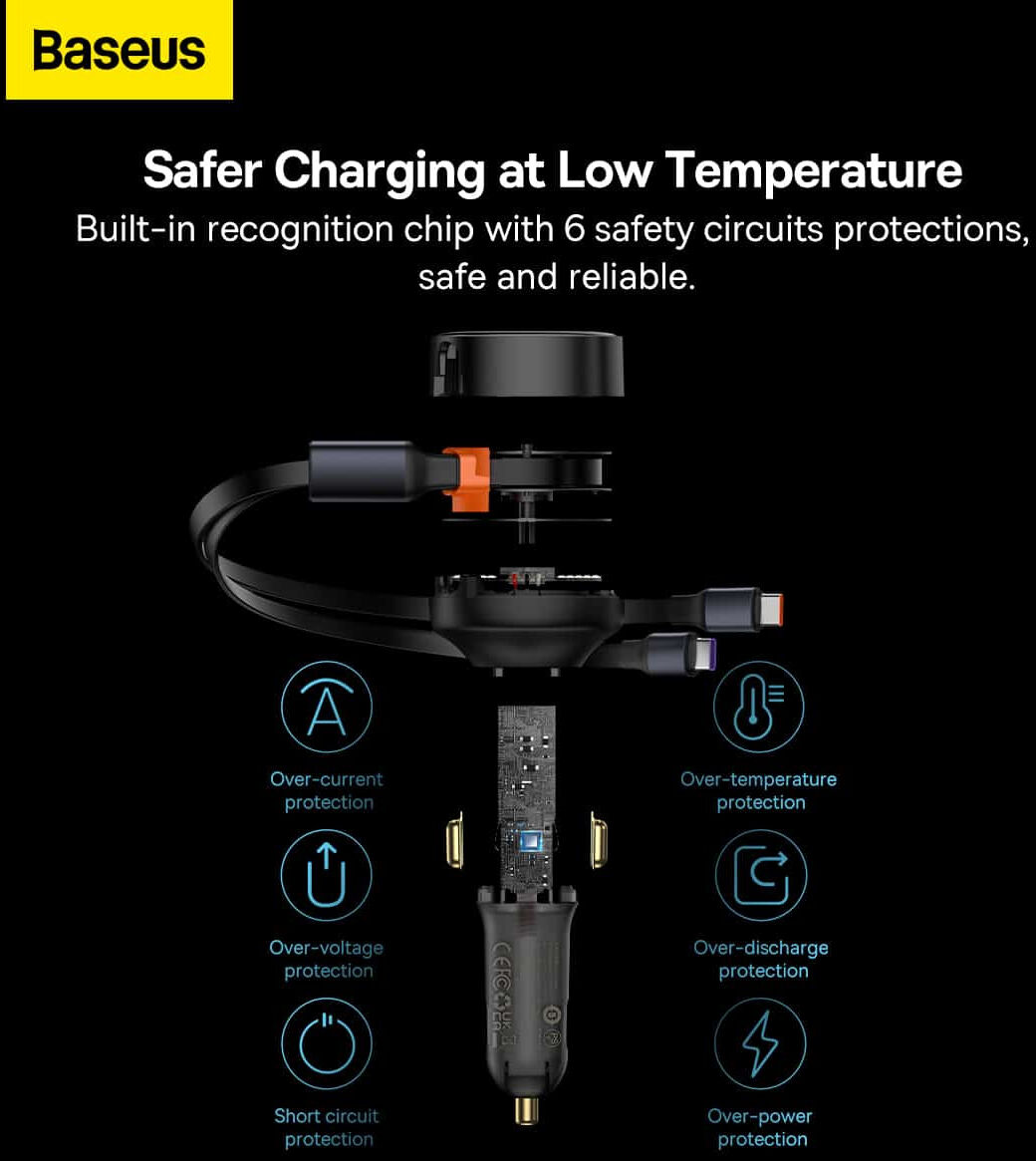 Baseus 33W Fast Charge Autolader met Uitrekbare USB-C Kabel Zwart afbeelding 7