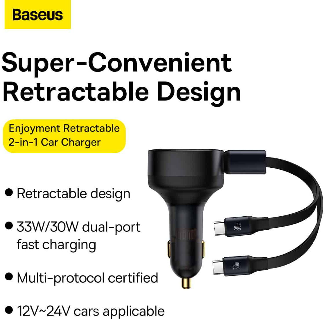 Baseus 33W Fast Charge Autolader met Uitrekbare USB-C Kabel Zwart afbeelding 8