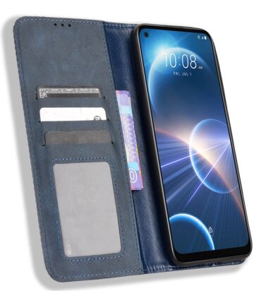 HTC Desire 22 Pro Vintage Portemonnee Hoesje Blauw Hoesjes