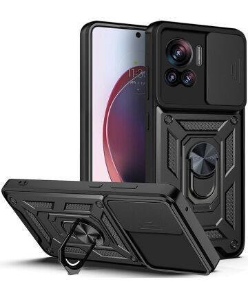 Motorola Edge 30 Ultra Hoesje Camera Slider en Kickstand Ring Zwart Hoesjes