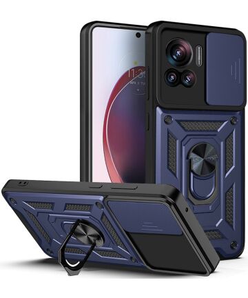 Motorola Edge 30 Ultra Hoesje Camera Slider en Kickstand Ring Blauw Hoesjes