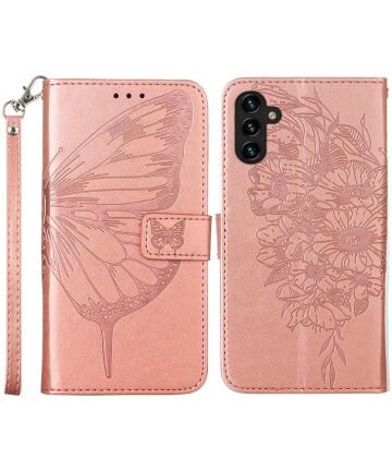 Samsung Galaxy A54 Hoesje Book Case Pasjeshouder Vlinder Roze Goud Hoesjes