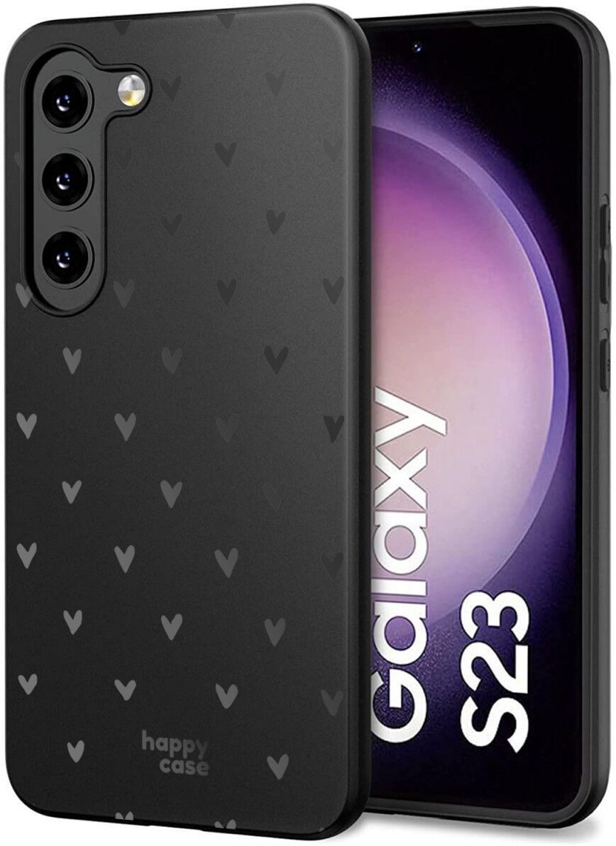 HappyCase Samsung  Galaxy S23 Hoesje Flexibel TPU Hartjes Print Zwart afbeelding 2