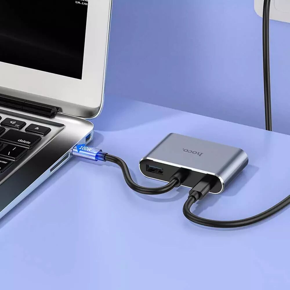 Hoco USB-C naar HDMI 4K 30Hz / VGA 1080p / 100W USB-C 5 Gbps Hub Grijs afbeelding 5