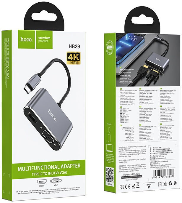 Hoco Hub USB-C naar HDMI 4K 30Hz / VGA 1080p Adapter Grijs afbeelding 4