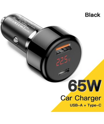 Essager 65W Fast Charge Autolader met Digitaal Display USB/USB-C Zwart Opladers