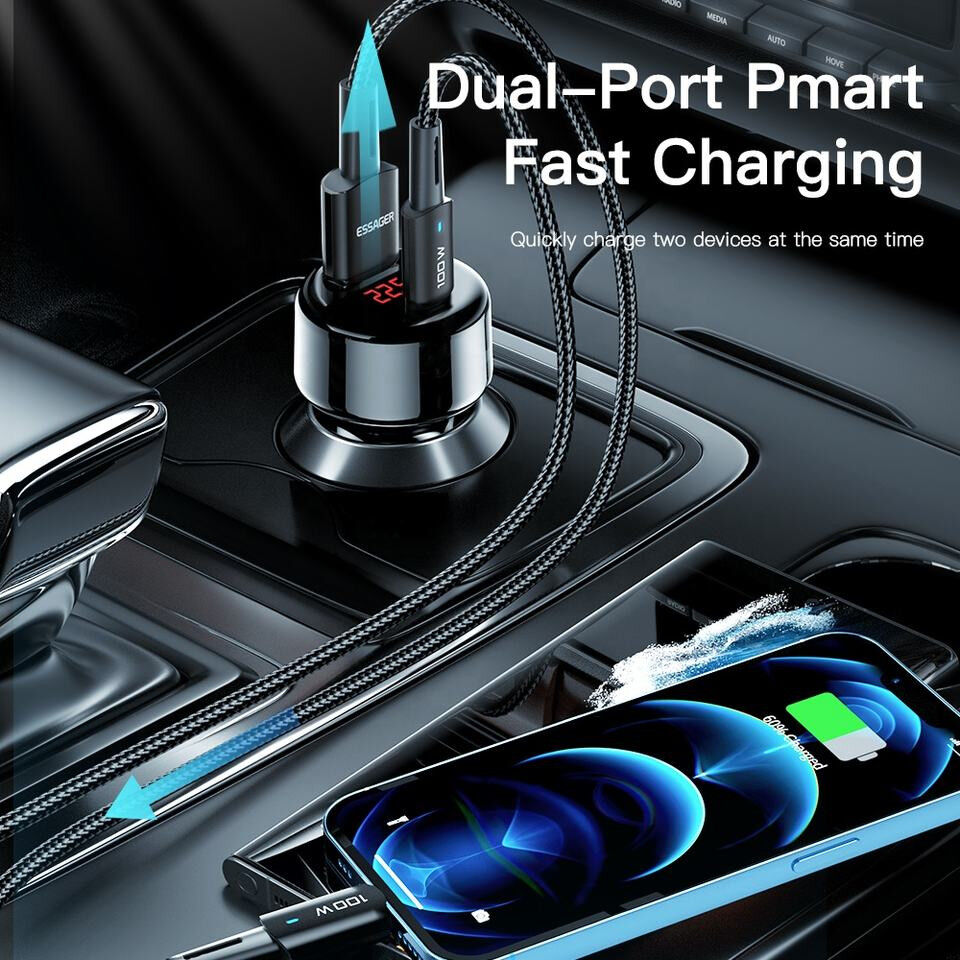Essager 65W Fast Charge Autolader met Digitaal Display USB/USB-C Zwart afbeelding 4