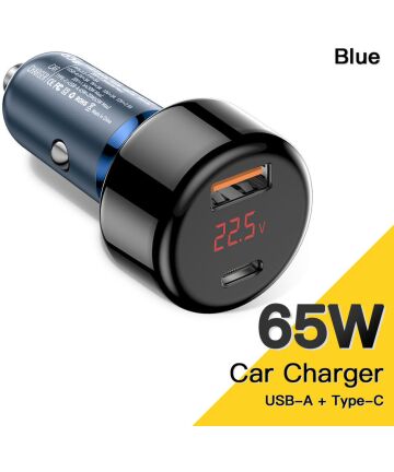 Essager 65W Fast Charge Autolader met Digitaal Display USB/USB-C Blauw Opladers