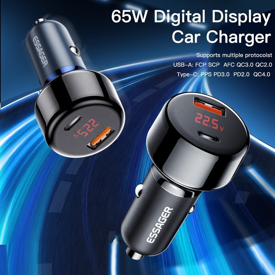 Essager W Fast Charge Autolader Met Digitaal Display Usb Usb C Blauw