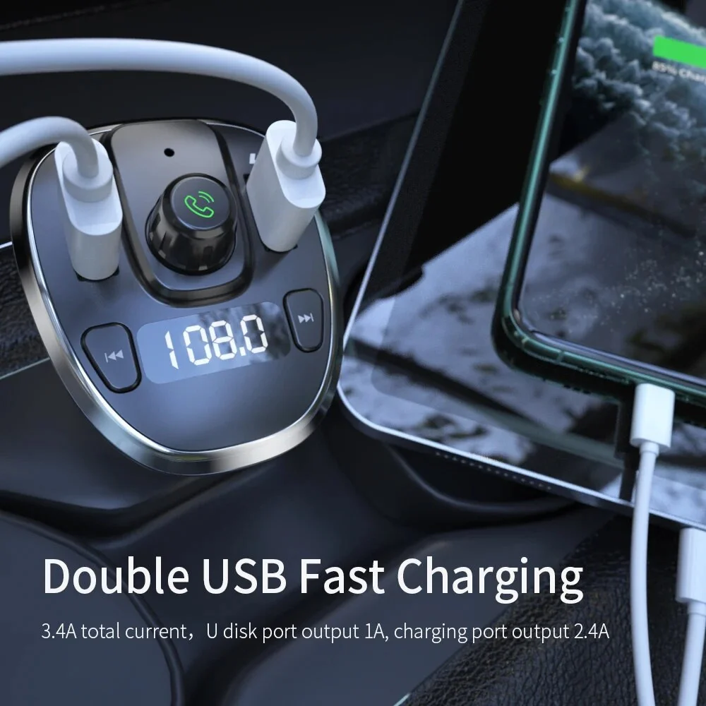 Essager Bluetooth 5.0 Muziek Transmitter met USB Autolader 12W Zwart afbeelding 2