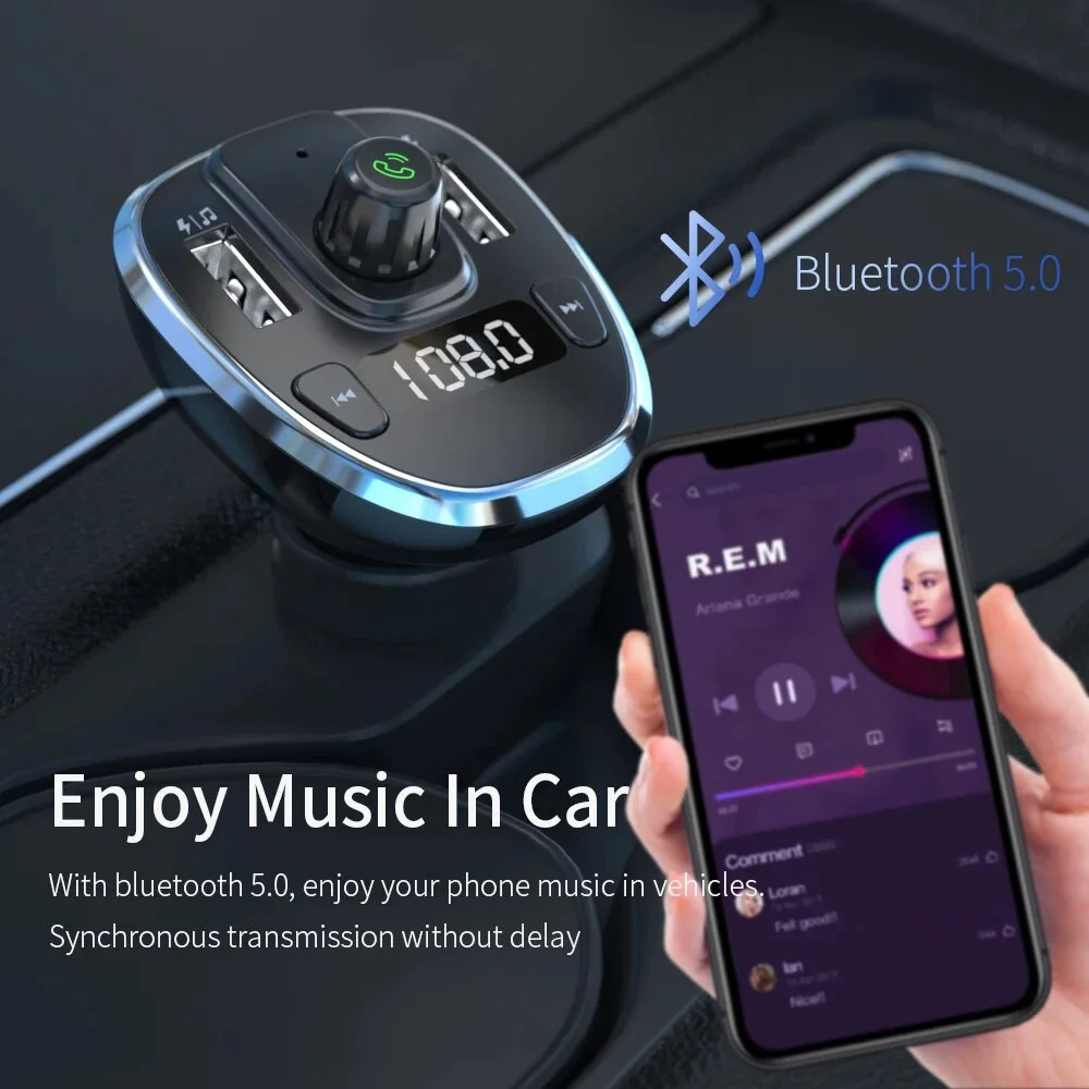 Essager Bluetooth 5.0 Muziek Transmitter met USB Autolader 12W Zwart afbeelding 4