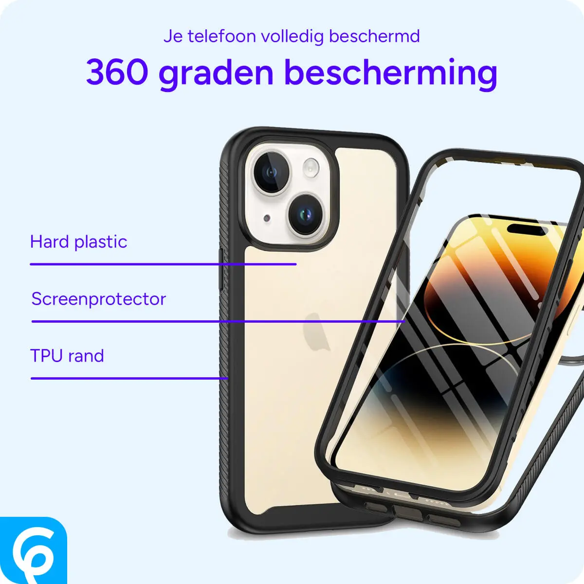 Apple iPhone 15 Hoesje Full Protect 360° Cover Hybride Zwart afbeelding 4