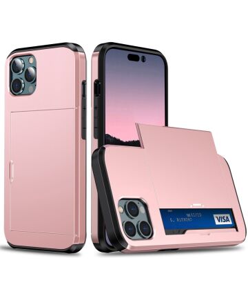 Apple iPhone 15 Pro Hoesje met Slider Kaarthouder Back Cover Roze Hoesjes