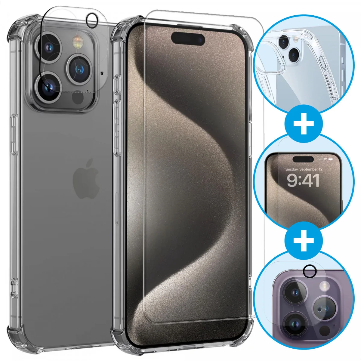 Apple iPhone 15 Pro Hoesje + Screen Protector + Camera Protector afbeelding 1
