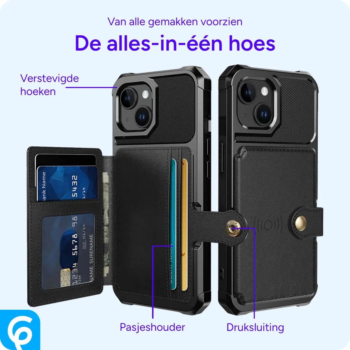 Apple iPhone 15 3 in 1 Back Cover Portemonnee Hoesje Zwart afbeelding 3