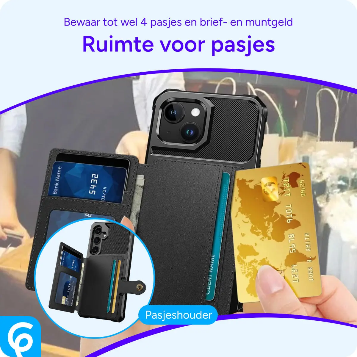Apple iPhone 15 3 in 1 Back Cover Portemonnee Hoesje Zwart afbeelding 4