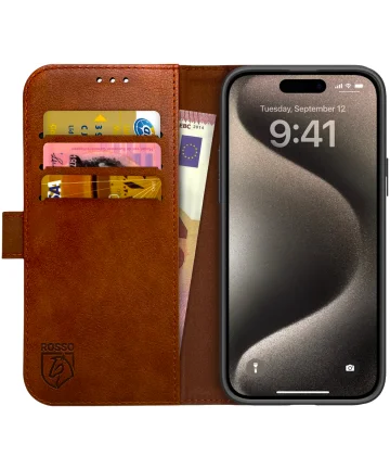 Rosso Element Apple iPhone 15 Pro Hoesje Book Case Wallet Bruin Hoesjes