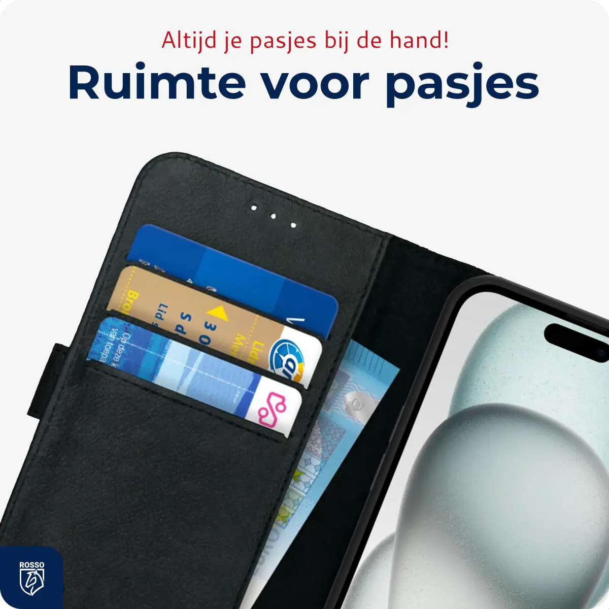 Rosso Deluxe Apple iPhone 15 Hoesje Echt Leer Book Case Zwart afbeelding 5