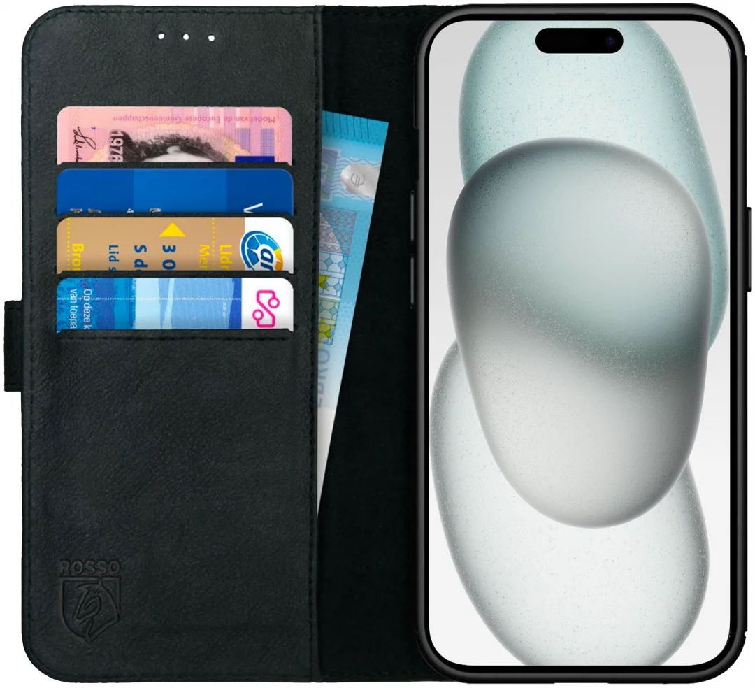 Rosso Deluxe Apple iPhone 15 Plus Hoesje Echt Leer Book Case Zwart afbeelding 1