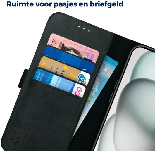 Rosso Deluxe Apple iPhone 15 Plus Hoesje Echt Leer Book Case Zwart afbeelding 4