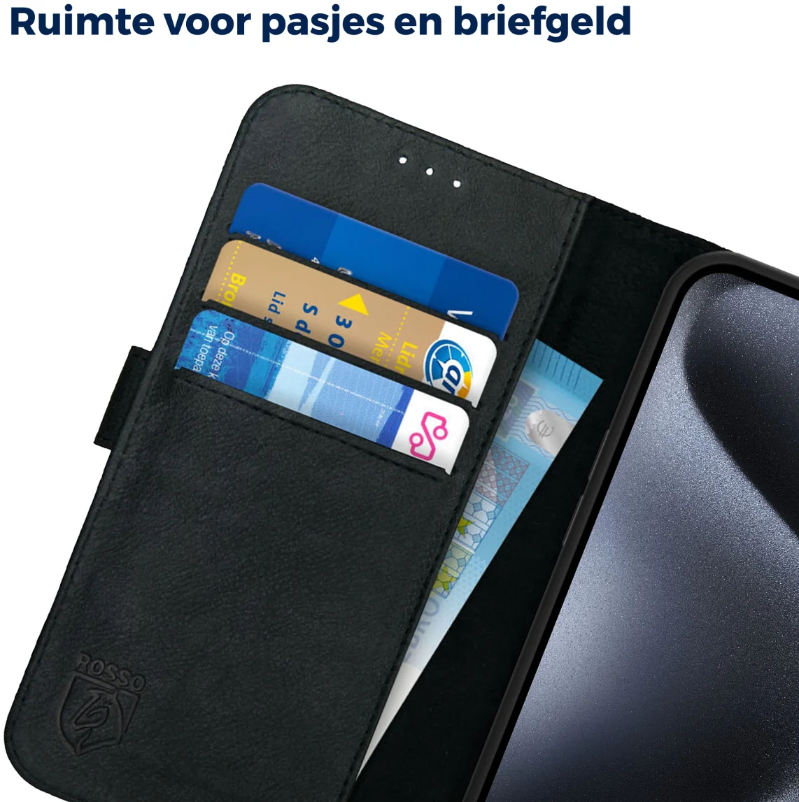 Rosso Deluxe Apple iPhone 15 Pro Hoesje Echt Leer Book Case Zwart afbeelding 4