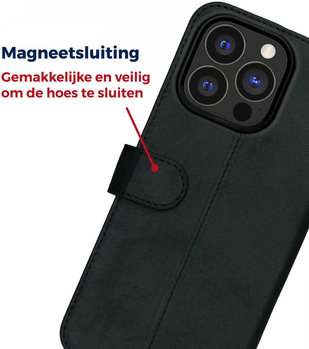 Rosso Deluxe Apple iPhone 15 Pro Hoesje Echt Leer Book Case Zwart afbeelding 6