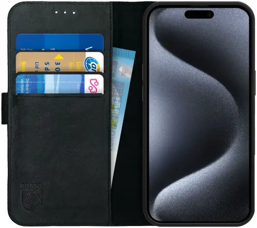 Rosso Deluxe Apple iPhone 15 Pro Hoesje Echt Leer Book Case Zwart afbeelding 1