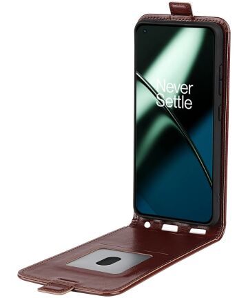 OnePlus 11 Hoesje Verticale Flip Wallet Case Kunstleer Bruin Hoesjes