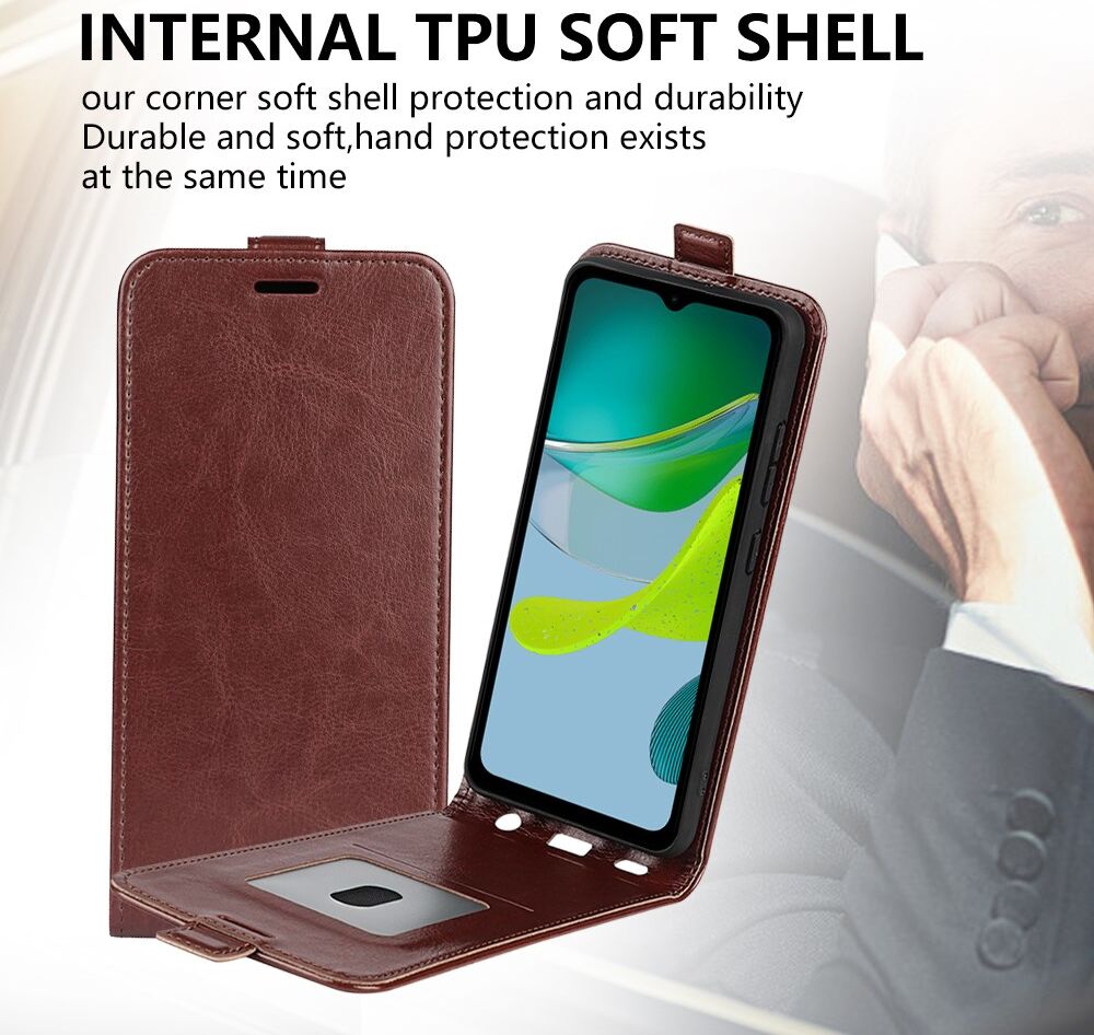 Motorola Moto E13 Hoesje Verticale Flip Wallet Case Kunstleer Bruin afbeelding 6