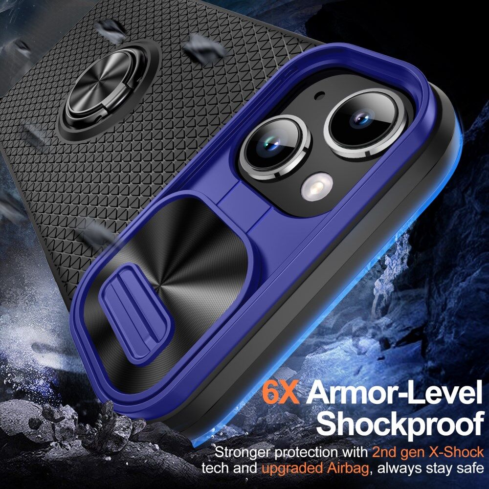 Apple iPhone 13/14 Hoesje Camera Slider en Kickstand Ring Blauw Zwart afbeelding 2