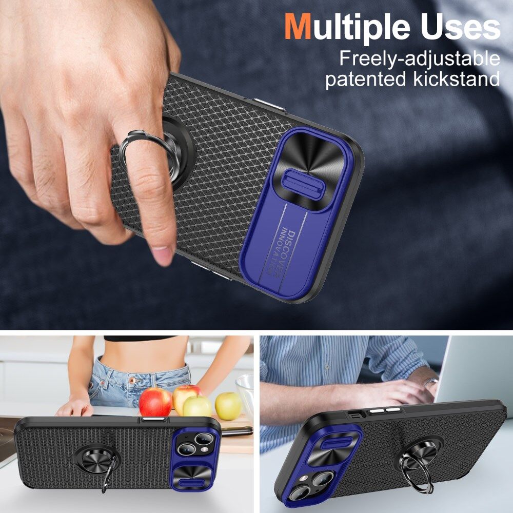 Apple iPhone 13/14 Hoesje Camera Slider en Kickstand Ring Blauw Zwart afbeelding 3