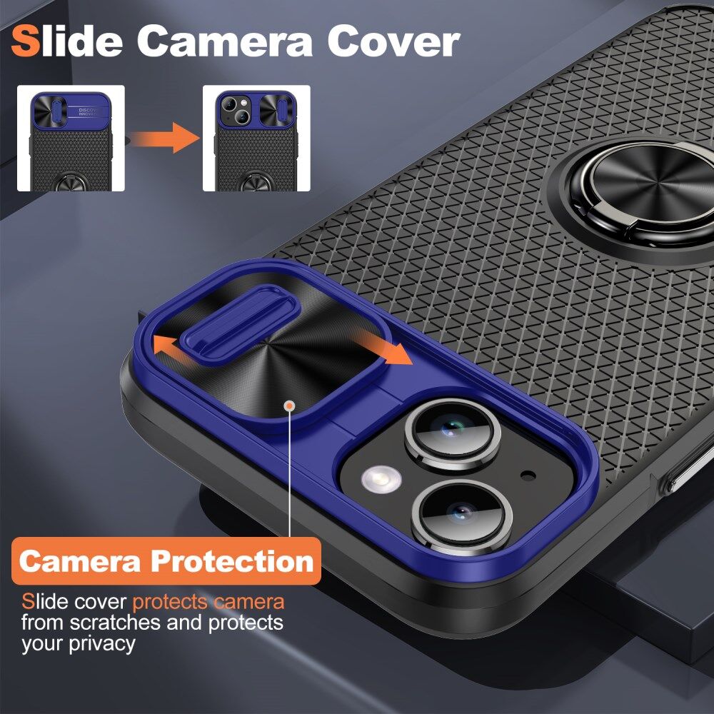 Apple iPhone 13/14 Hoesje Camera Slider en Kickstand Ring Blauw Zwart afbeelding 6