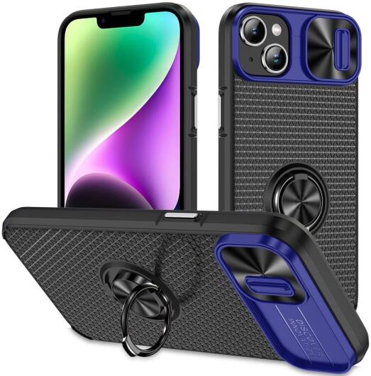 Apple iPhone 13/14 Hoesje Camera Slider en Kickstand Ring Blauw Zwart afbeelding 1