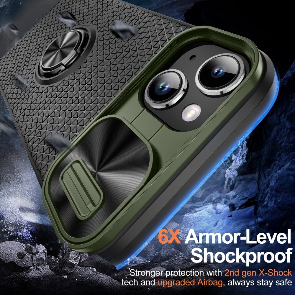 Apple iPhone 13/14 Hoesje Camera Slider en Kickstand Ring Groen Zwart afbeelding 2