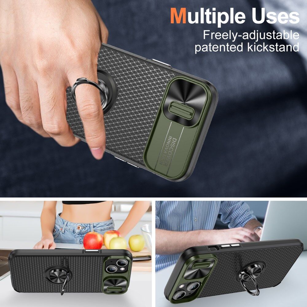 Apple iPhone 13/14 Hoesje Camera Slider en Kickstand Ring Groen Zwart afbeelding 3