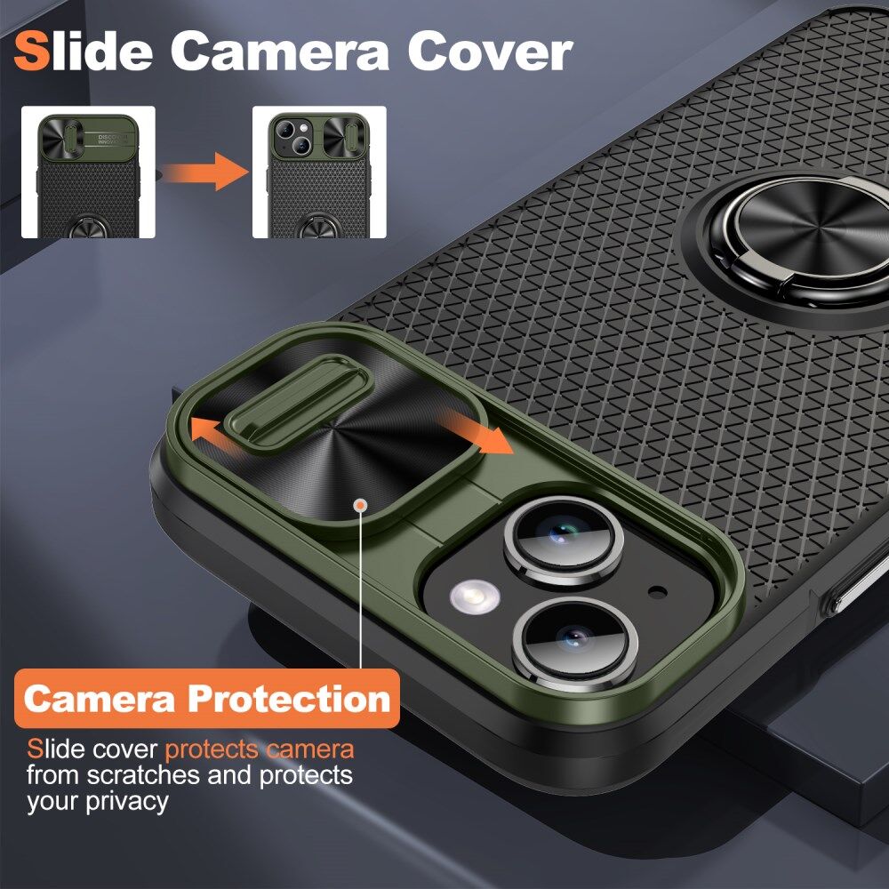 Apple iPhone 13/14 Hoesje Camera Slider en Kickstand Ring Groen Zwart afbeelding 6