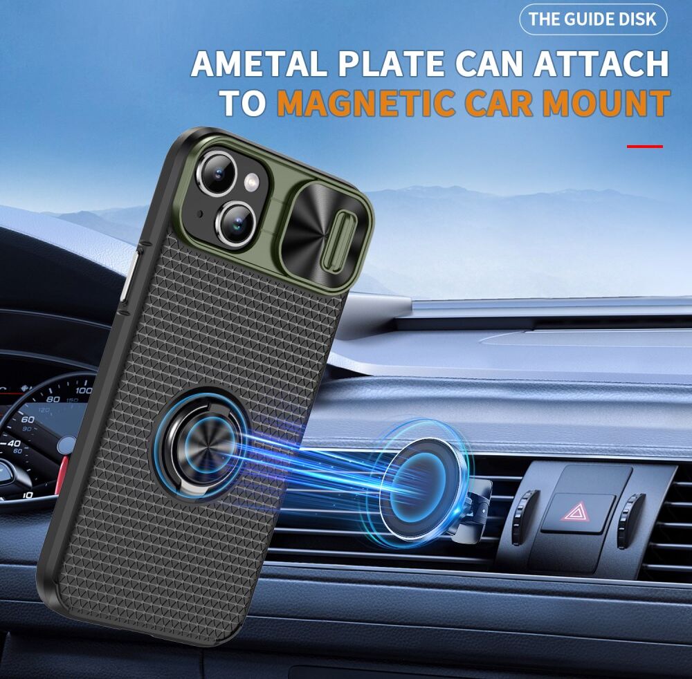 Apple iPhone 13/14 Hoesje Camera Slider en Kickstand Ring Groen Zwart afbeelding 7