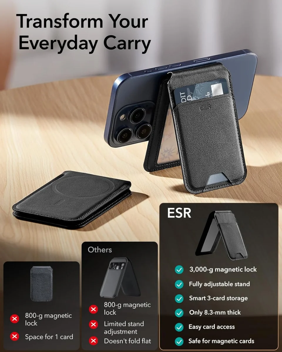 ESR HaloLock Vegan Leer MagSafe Kaarthouder en Standaard Zwart afbeelding 8