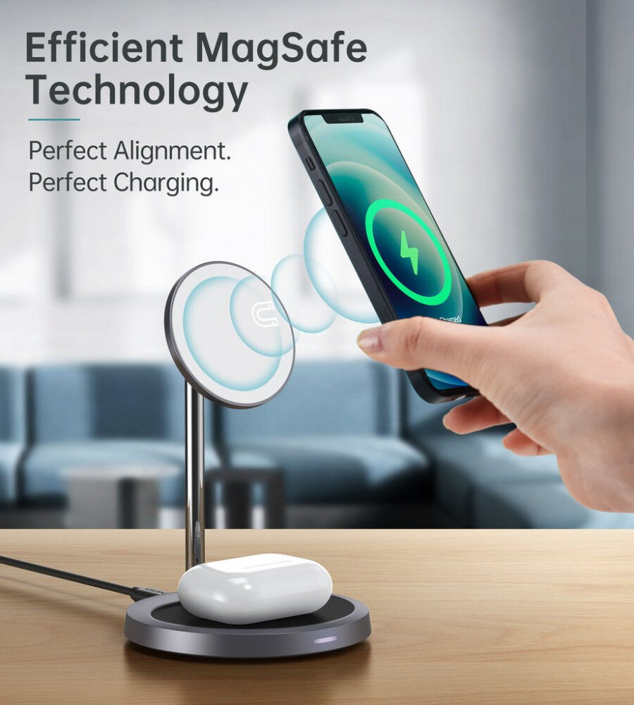 Choetech 2-in-1 Draadloze MagSafe Oplader 15W iPhone/Oortjes Grijs afbeelding 3