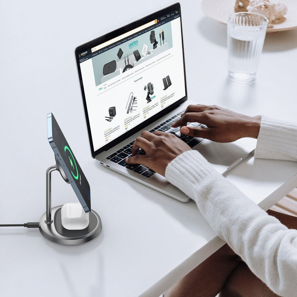 Choetech 2-in-1 Draadloze MagSafe Oplader 15W iPhone/Oortjes Grijs afbeelding 6